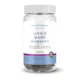Een doorzichtige pot met Lion's Mane gummies, paars van kleur, met een wit etiket en deksel.