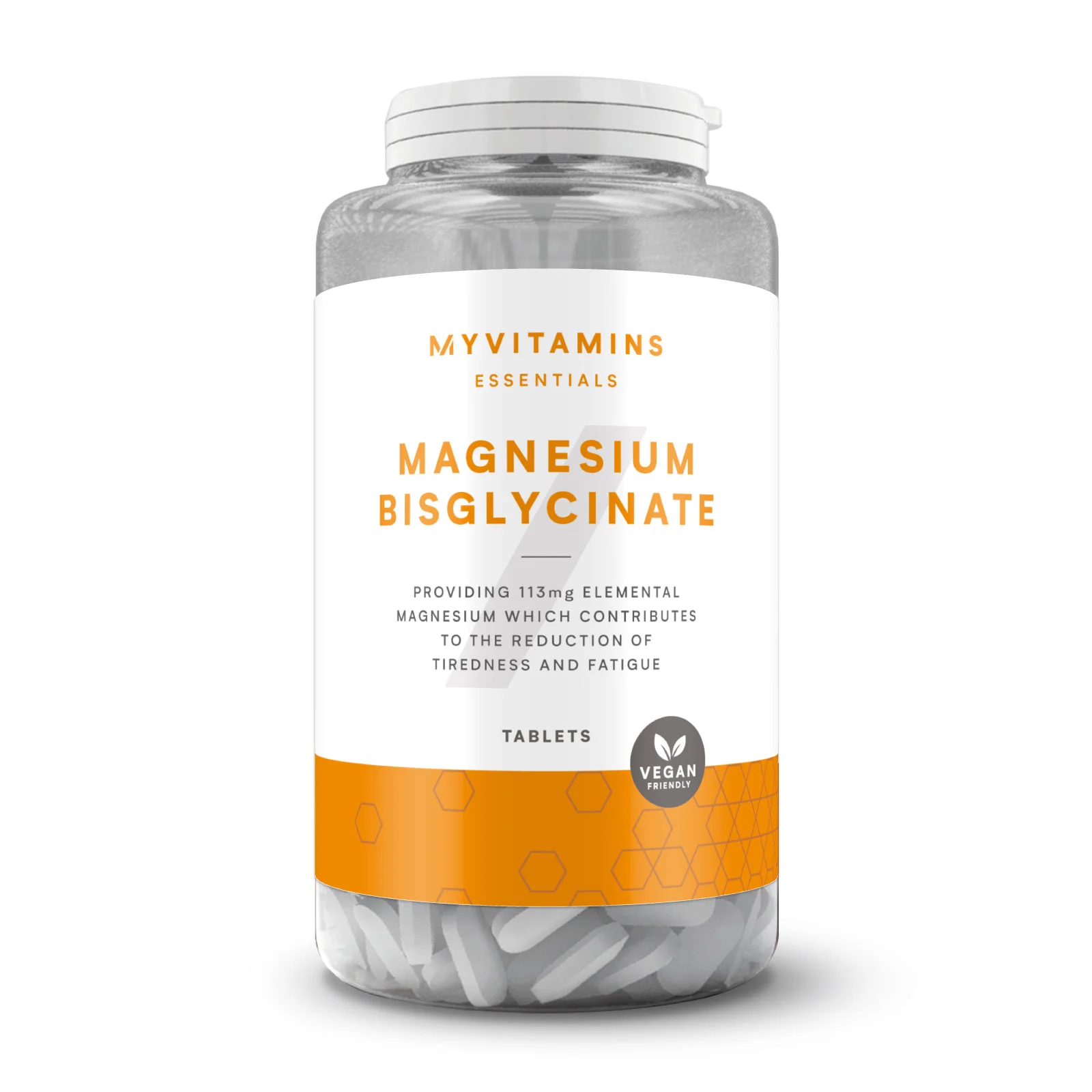 Een doorzichtige pot met witte tabletten en een wit etiket met oranje accenten.