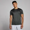 Een gemêleerd zwart T-shirt met korte mouwen en een klein wit logo.