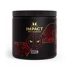 Zwarte pot met rode Deadpool-afbeeldingen en de tekst "Impact Pre-workout" en "Myprotein.