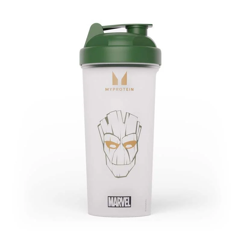 Witte plastic shaker met groene deksel en een afbeelding van Groot en het Marvel logo.