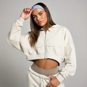 MP geropte hoodie met rits en opgestikt motief - Beenwit - Size XL