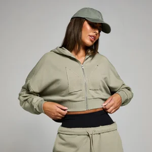 MP geropte hoodie met rits en opgestikt motief - Donkersaliegroen - Size L