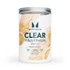 Een doorzichtige pot Myprotein Clear Whey Splash, met een zilverkleurige deksel en afbeeldingen van sinaasappel en mango.