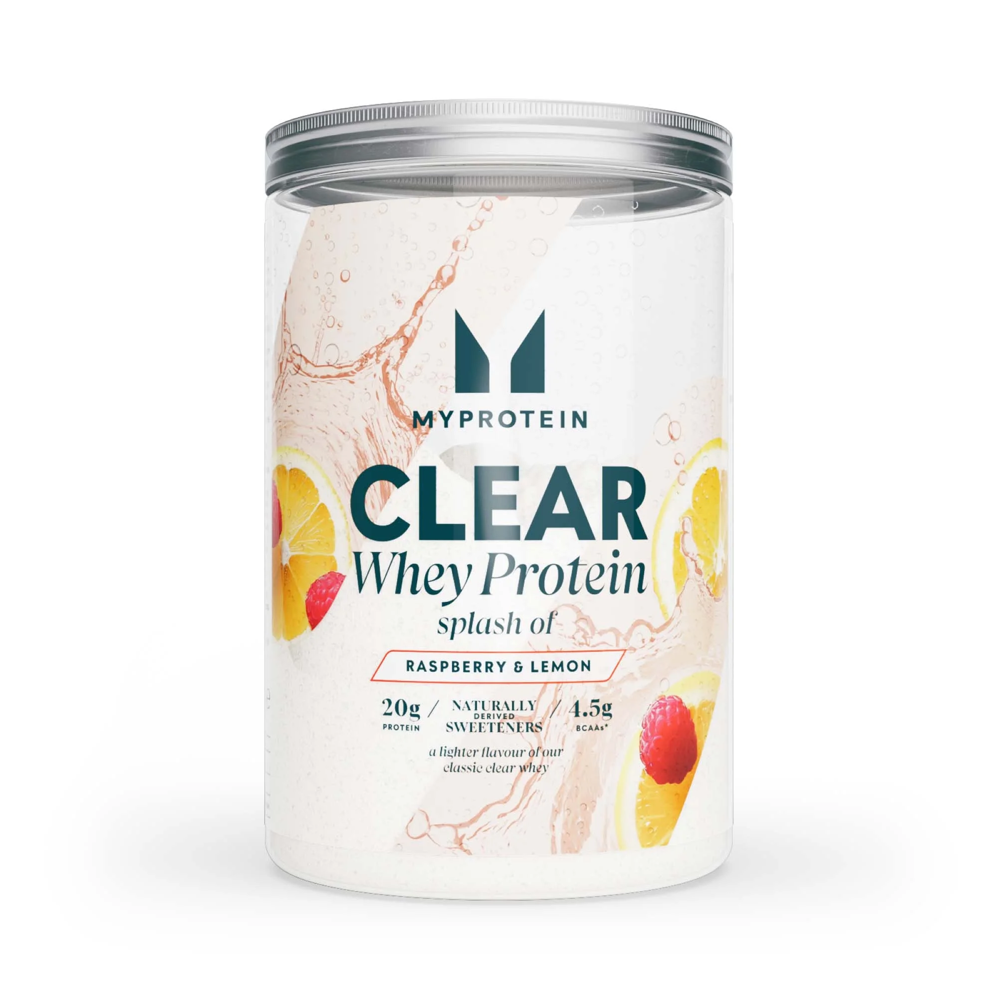 Een doorzichtige plastic pot met een zilverkleurige deksel, met een etiket van Myprotein Clear Whey.