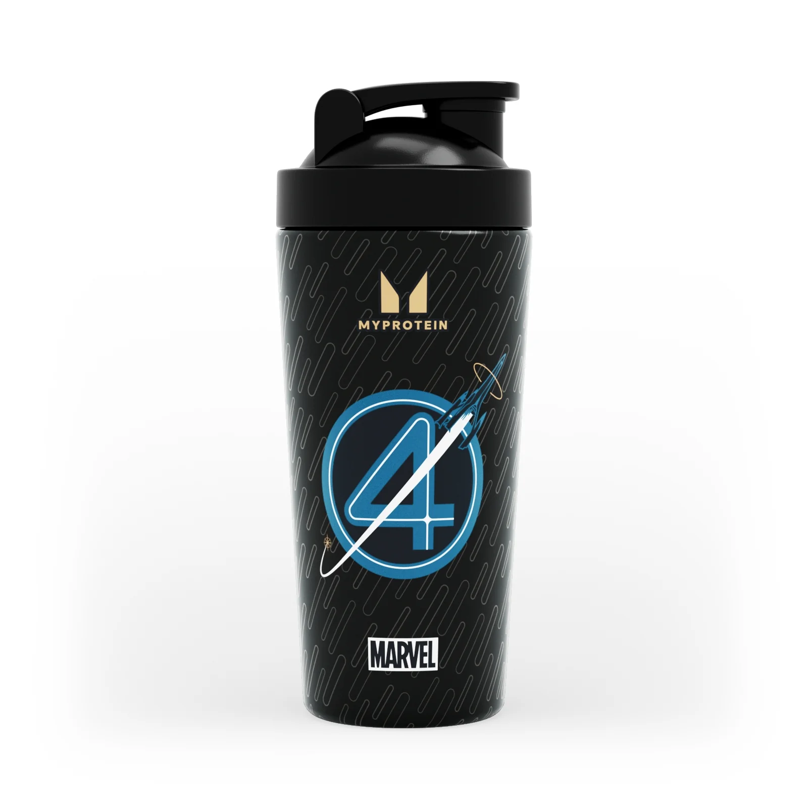 Zwarte Myprotein shaker met een 'Fantastic Four' ontwerp en zwarte dop.