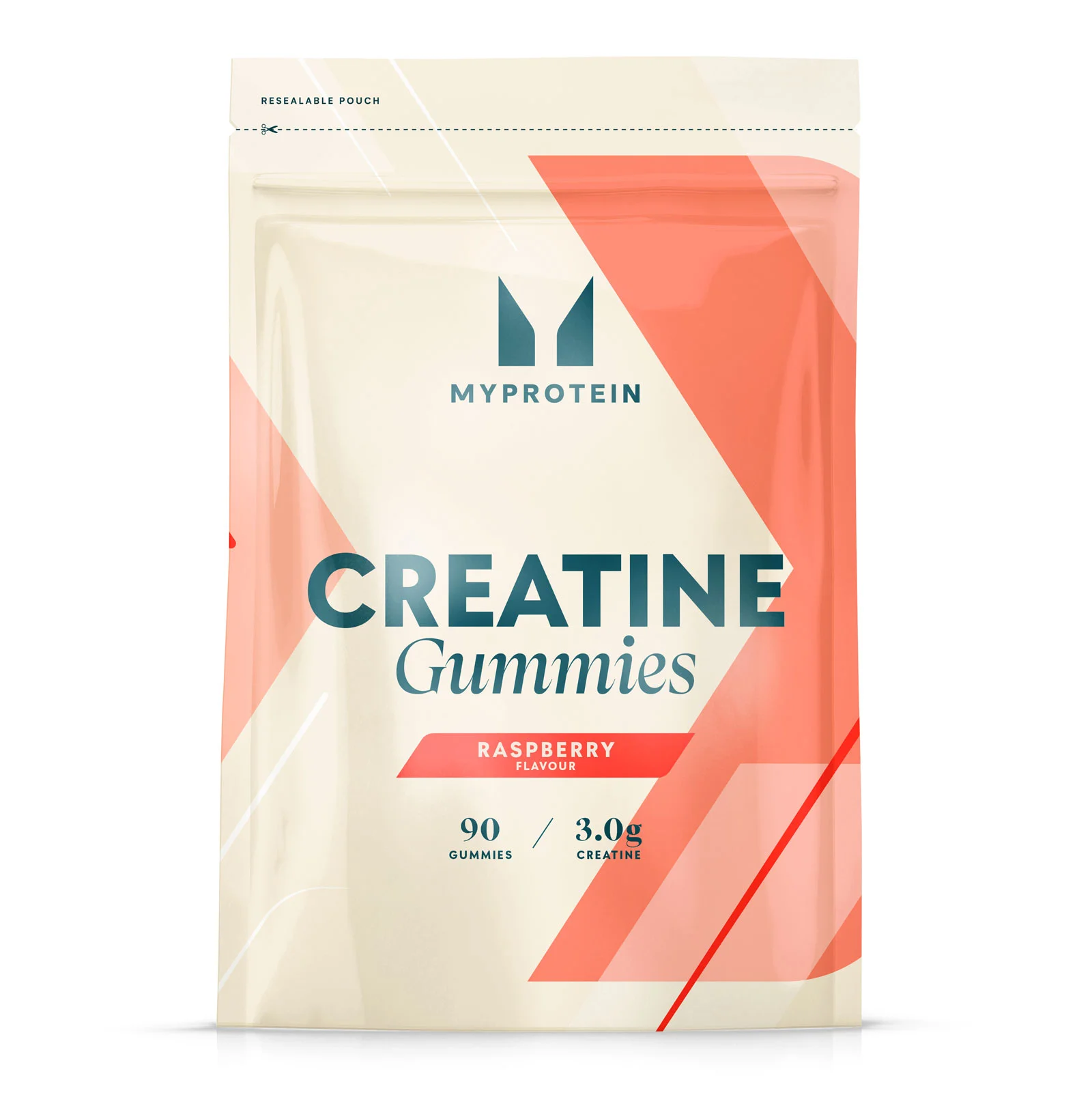 Een witte, hersluitbare zak met roze accenten, met de tekst "Creatine Gummies" erop.