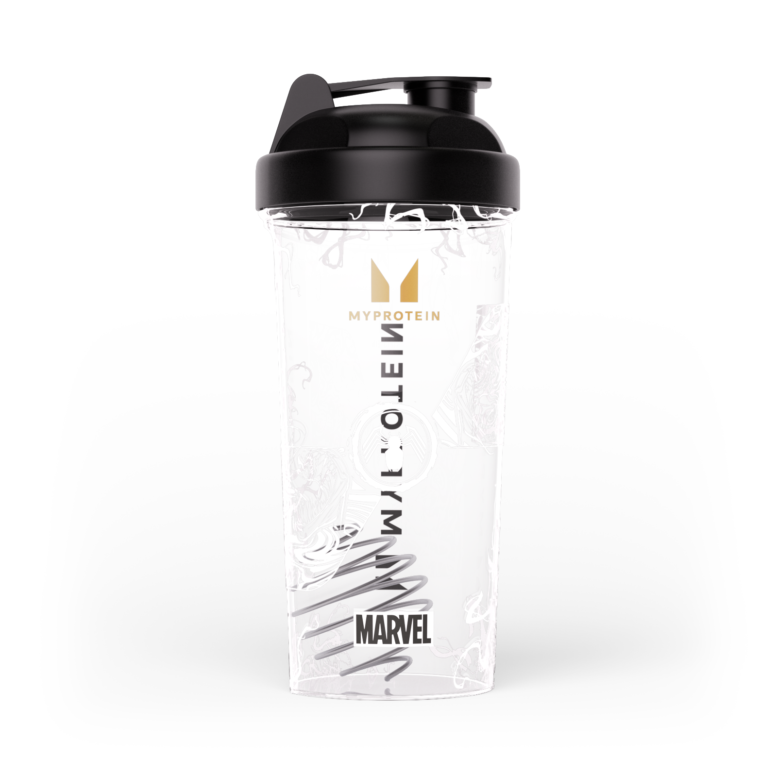Transparante plastic shaker met zwarte deksel, Myprotein logo en Marvel afbeelding.