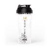 Transparante plastic shaker met zwarte deksel, Myprotein logo en Marvel afbeelding.