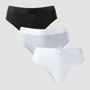 Drie bikinibroekjes: zwart, grijs gemêleerd met witte band, en wit met witte band.