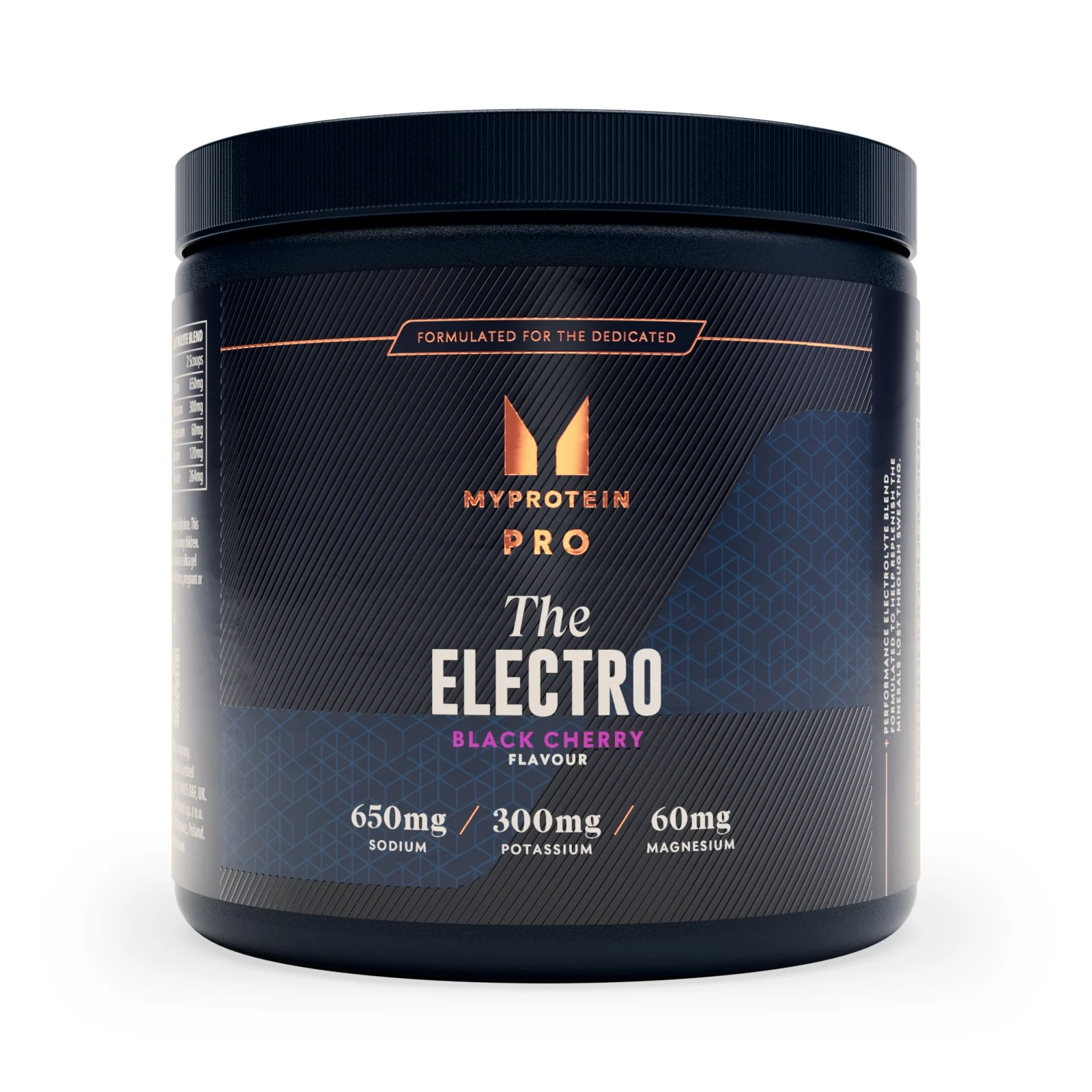 Een donkerblauwe pot met het opschrift "Myprotein THE Electro, Black Cherry.