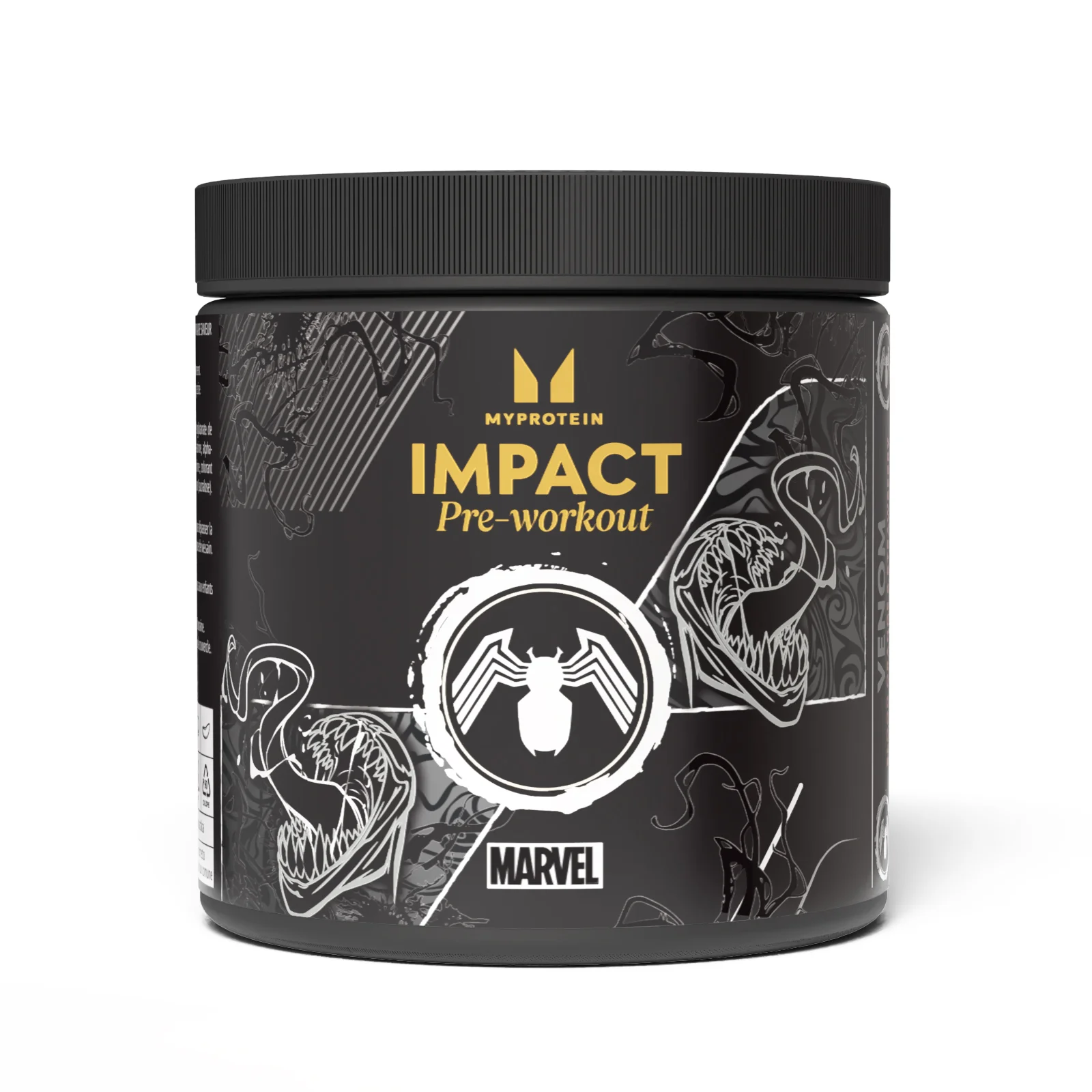 Zwarte pot met een zwart deksel, met daarop de tekst 'Impact Pre-workout' en Marvel Venom illustraties.