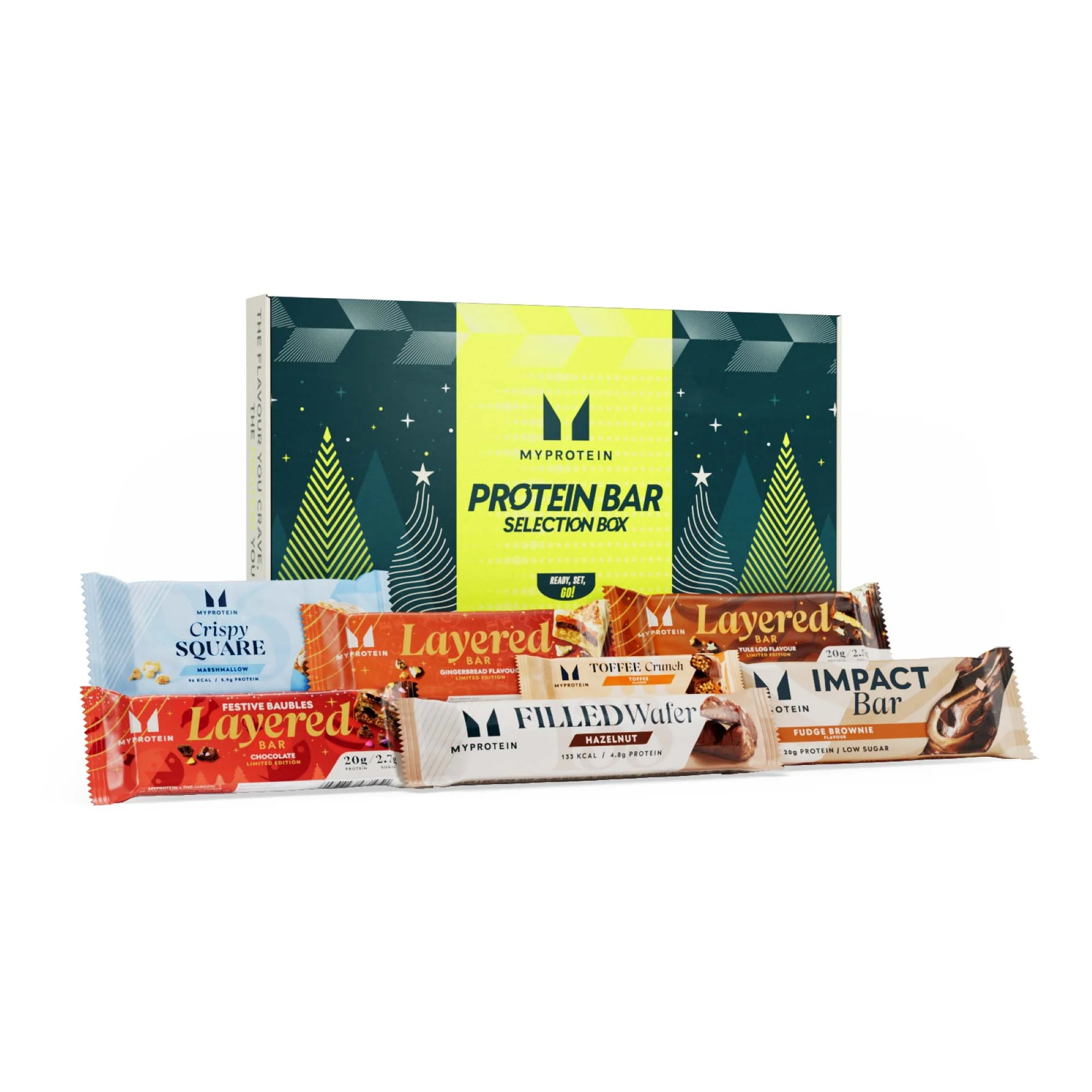 Een doos met diverse Myprotein eiwitrepen in verschillende smaken en verpakkingen.