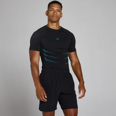 Lift Muscle Fit Naadloos T-Shirt - Gewassen Zwart/Power Blue